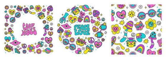 A set of retro hippie style templates. hallucinogenic frames and seamless pattern for a bright background. vector