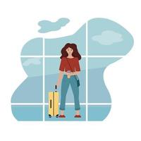 una mujer joven con una maleta se va de vacaciones. vector