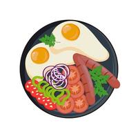 Vector illustration of breakfast with scrambled eggs, fried sausage, tomatoes and greens.