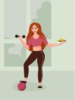 la niña practica deportes en el gimnasio y come sano. el concepto de hábitos saludables, estilo de vida activo, entrenamiento físico, alimentos dietéticos, entrenamiento al aire libre. Ilustración de vector plano moderno.