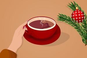 A woman's hand is holding a hot drink in a cup. vector