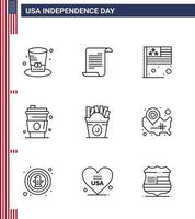 Set of 9 Modern Lines pack on USA Independence Day fastfood usa day juice alcohol Editable USA Day Vector Design Elements