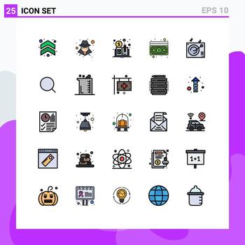 conjunto de pictogramas de 25 colores planos de línea llena simple de elementos de diseño de vector editables de dinero de audio distribuido de gramófono de búsqueda