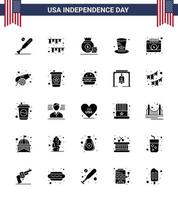 USA Independence Day Solid Glyph Set of 25 USA Pictograms of usa hat decoration day money Editable USA Day Vector Design Elements