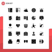 Group of 25 Modern Solid Glyphs Set for support global tv communication weather Editable Vector Design Elements