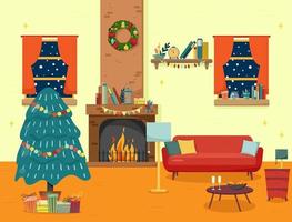 Christmas fireplace room interior in colorful cartoon flat style. vector