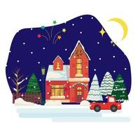 Snowy night in cozy christmas town city panorama. Winter christmas village vector