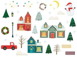 New Year and Christmas home set. Stylized winter cute cozy houses with snowman, trees, mountains. Winter City collection. Vector illustration holidays elements.