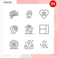 paquete de vectores de 9 iconos en estilo de línea paquete de contorno creativo aislado en fondo blanco para web y móvil