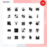 Pack of 25 Modern Solid Glyphs Signs and Symbols for Web Print Media such as audio farm fire cooking animal Editable Vector Design Elements