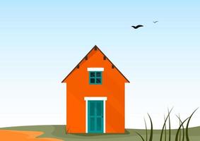 Detached orange small house with green grass and blue sky vector