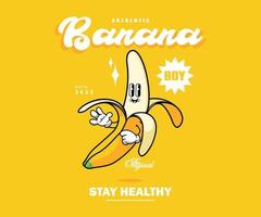 personaje de dibujos animados de póster retro de diseño gráfico de plátano para ropa de calle de camiseta y estilo urbano vector