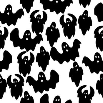 Seamless pattern of randomly placed flying ghosts, black spirits in doodle style on a white background vector