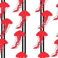 Red silhouette of jellyfish on vertical stripes seamless pattern, bright silhouettes of underwater animals on a white background vector