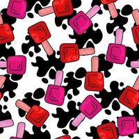 Seamless pattern of pink and red bottles with nail polishes, manicure materials and black spots on a white background