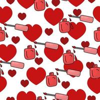 Seamless pattern of red bottles with nail polish and big and small hearts on a white background