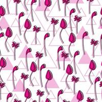 Seamless pattern of delicate doodle flowers with a pink silhouette and various triangles on a white background vector