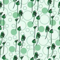 Seamless pattern of delicate doodle flowers with a green silhouette and different circles on a light green background vector