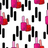 Seamless pattern of red and pink bottles with nail polish and black vertical stripes on a white background