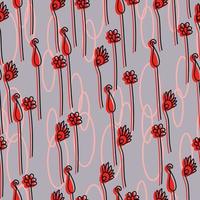 Seamless pattern of delicate doodle flowers with a red silhouette and contour ovals on a gray background vector