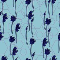 Seamless pattern of delicate doodle flowers with a dark blue silhouette and contour hexagons on a light blue background vector