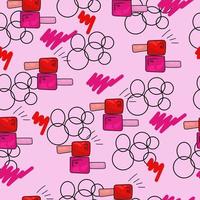 Seamless pattern of bright bottles with nail polishes, colored strokes and outline circles on a light pink background