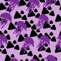 Purple silhouette of jellyfish with black triangles seamless pattern, bright silhouettes of underwater animals on a light purple background vector