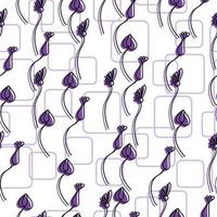 Seamless pattern of delicate doodle flowers with a purple silhouette and contour squares with rounded corners on a white background vector