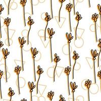 Seamless pattern of delicate doodle flowers with orange silhouette and contour geometric shapes on a white background vector