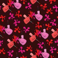 patrón impecable de botellas rosas y rojas con esmaltes de uñas, salpicaduras multicolores y pinceles sobre un fondo rojo oscuro vector