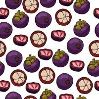 Mangosteen seamless pattern, bright purple fruit with a juicy heart, whole and a half on a white background vector