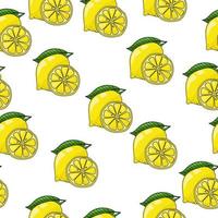 seamless pattern of juicy bright lemon whole and half, yellow citrus fruit in cartoon style on a white background vector