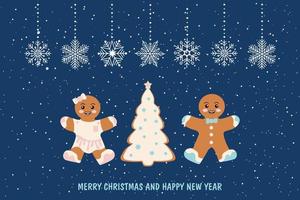 New Year's card. Hanging Christmas tree toys in the form of ginger cookies. Happy New Year and Christmas. Vector illustration isolated on a blue background