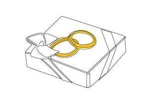 Wedding rings on a gift box with a bow. Continuous drawing in one line vector