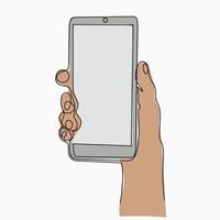 Linear icon - Mobile phone in hand. Continuous line drawing of a hand holding a phone. Fashion minimalist illustration. One line drawing. Vector illustration.