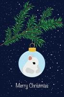 Beautiful Christmas card. A Christmas tree toy with a rabbit, the symbol of 2023, hangs on a branch vector