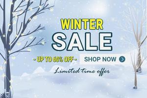 Winter sale vector banner template with white snow and lighted tree background. Vector illustration.