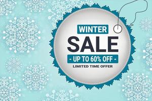 Winter sale vector banner template with white snowflakes background. Vector illustration.