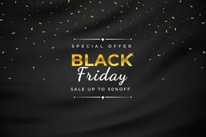 Black friday sale gold text dark background. Black shine sparkling golden glitters and confetti tinsel. Commercial discount event banner. Super friday sale logo for banner, web, header and flyer vector