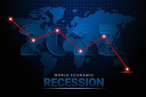 Recesión económica de 2023, caída de negocios globales con flecha descendente y mapa mundial. perdiendo dinero crisis bursátil, crisis financiera y antecedentes del concepto financiero. vector