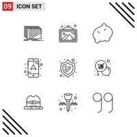 Universal Icon Symbols Group of 9 Modern Outlines of shield protection frame navigation map Editable Vector Design Elements