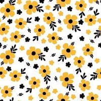 Simple yellow flowers with leaves. Seamless floral pattern vector