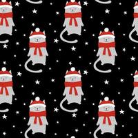 Cats with red hat. Seamless pattern with funny cats and stars vector