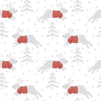 Christmas pattern 2023. Funny rabbit in a sweater with snowflakes and tree. vector