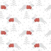 Christmas pattern 2023. Funny rabbit in a sweater with snowflakes and tree. vector