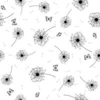 Seamless pattern black and white with dandelion fluff and butterflies vector