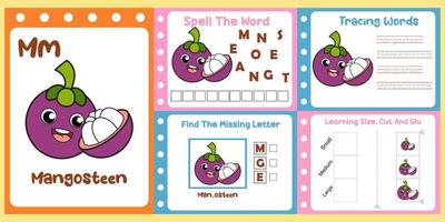 worksheets pack for kids with mangosteen. fun learning for children vector