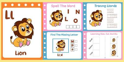 worksheets pack for kids with lion. fun learning for children vector