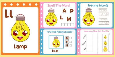 worksheets pack for kids with lamp. fun learning for children vector