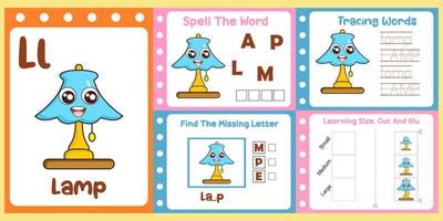 worksheets pack for kids with lamp. fun learning for children vector